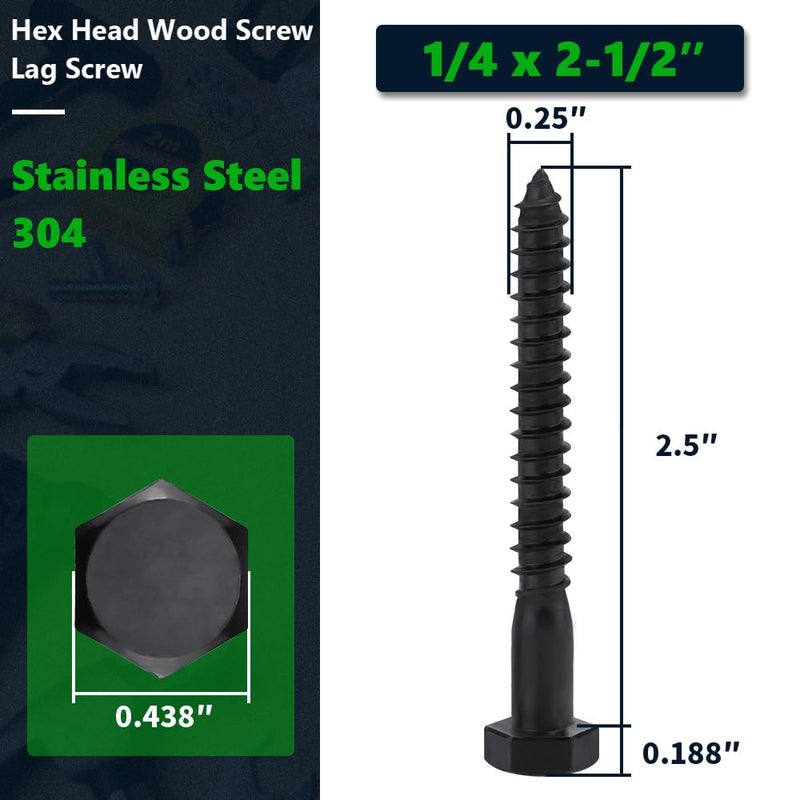 RoyceMart 20-Sets 1/4 x 2-1/2" Black Hex Head Lag Screws & Flat Washers, Heavy Duty Wood Lag Screws, 304 Stainless Steel (18-8), 1/4" Bolt - Image 2